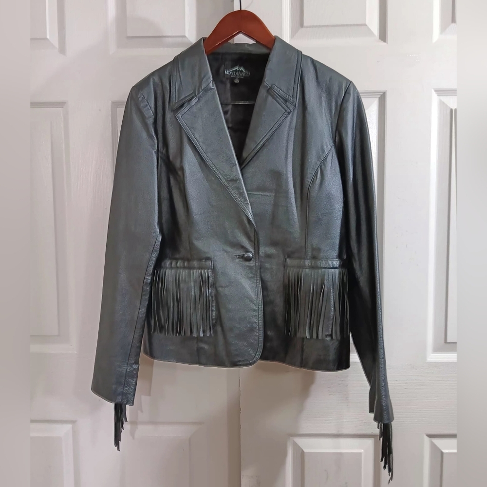 Montana Co Women's XL Fringe Genuine Leather Moto Jacket Western Cowgirl Hippie